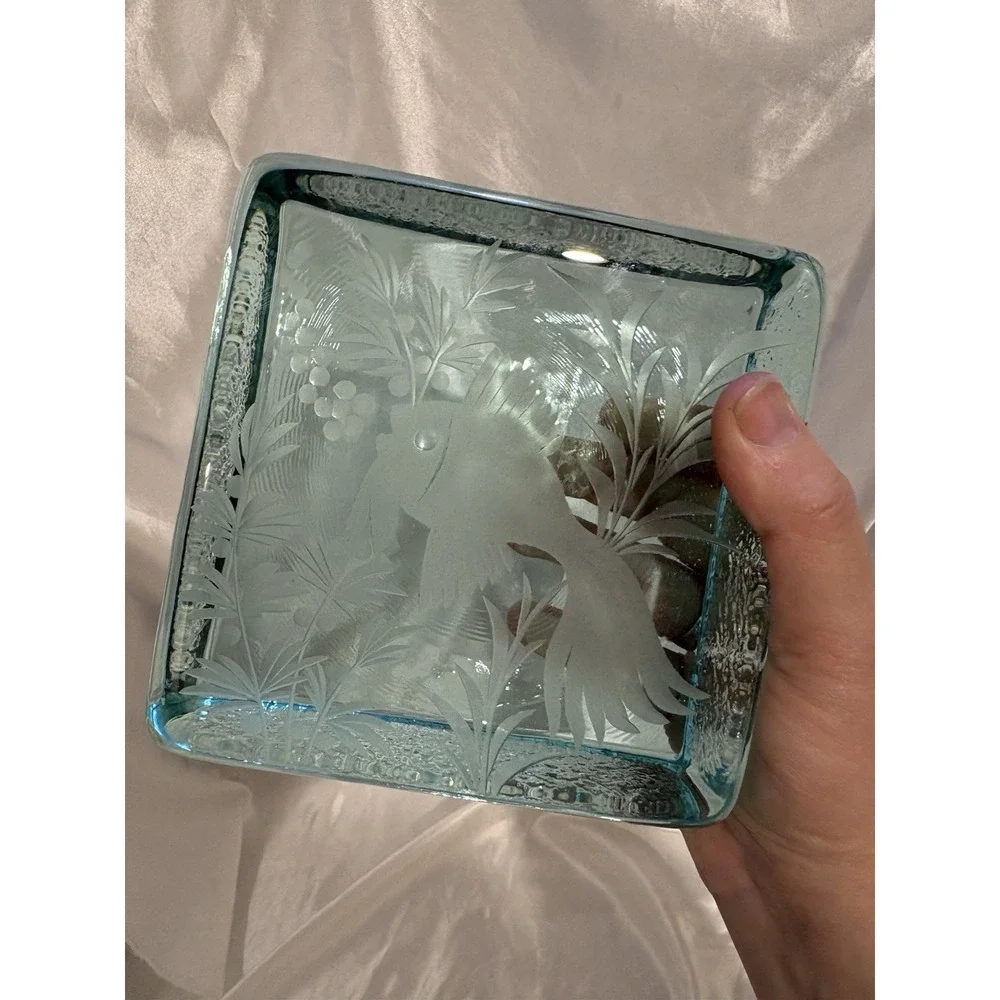 Etched Fish Paperweight Green Ice Block Signed Unique Carved Design